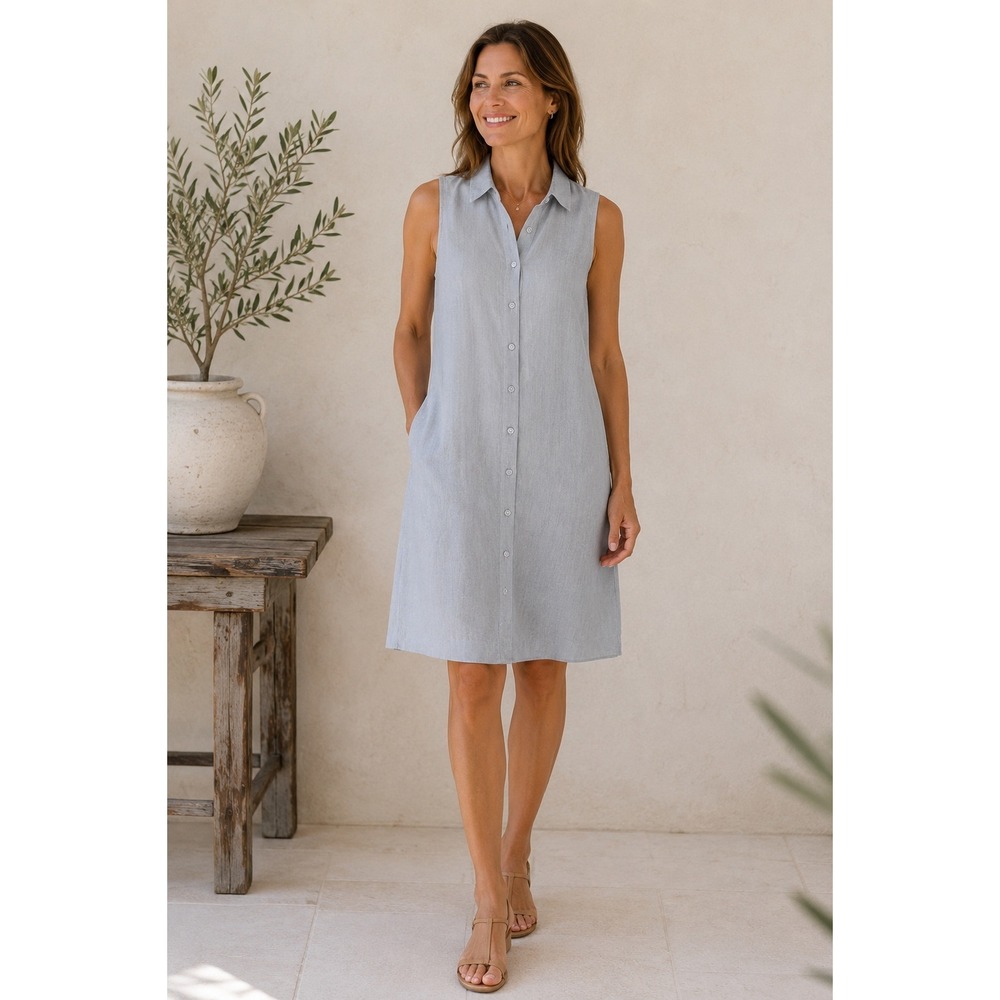 Garnet Hill Linen Sleeveless Shirt Dress Blue Grey Minimalist Old Money 06